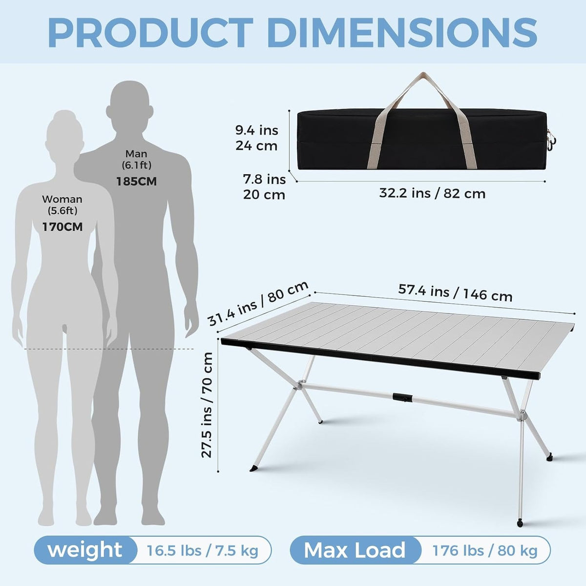 57.4" Oversized Aluminum Roll‑Up Folding Camping Table