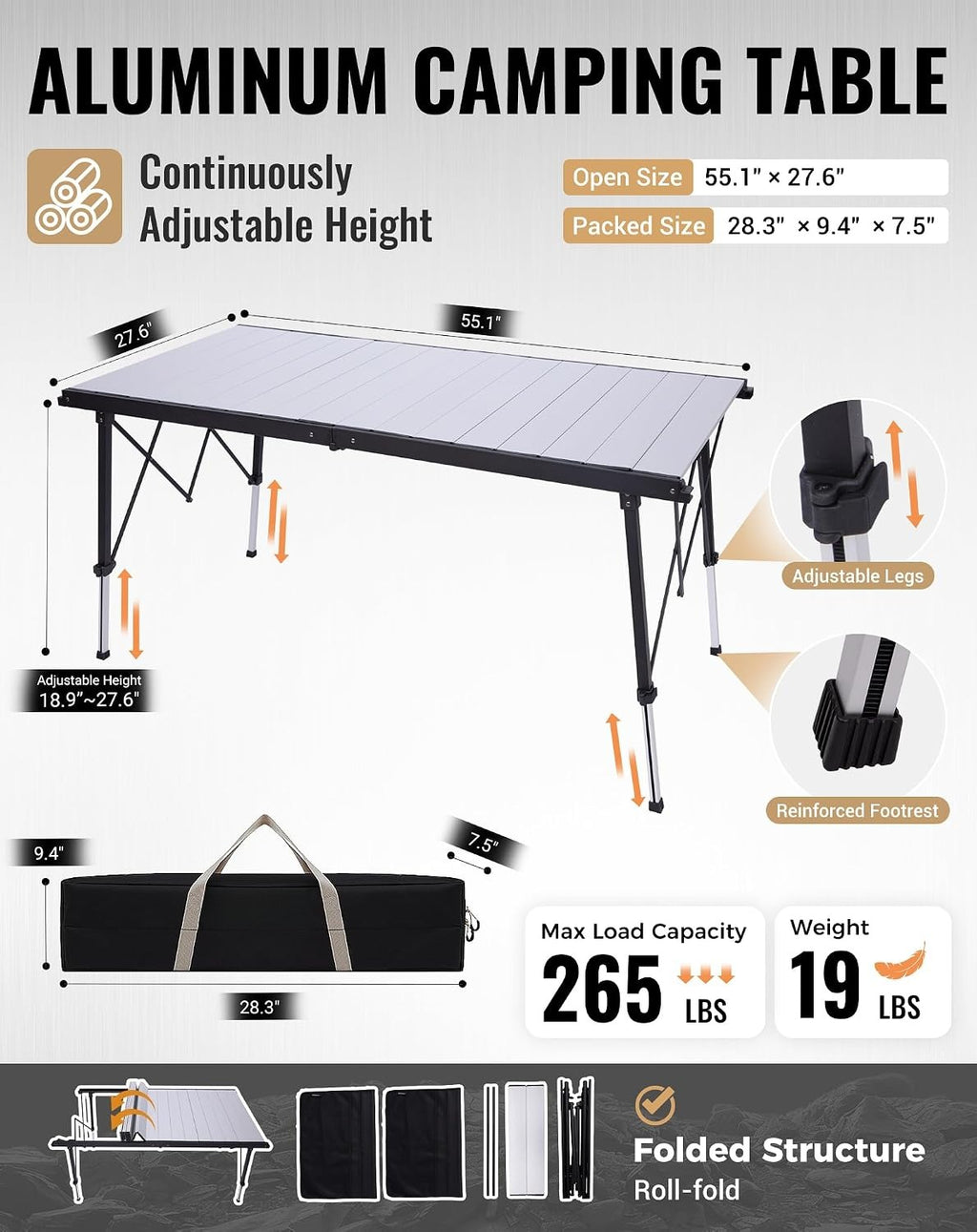 55.1" Adjustable Folding Camping Table, 265lbs