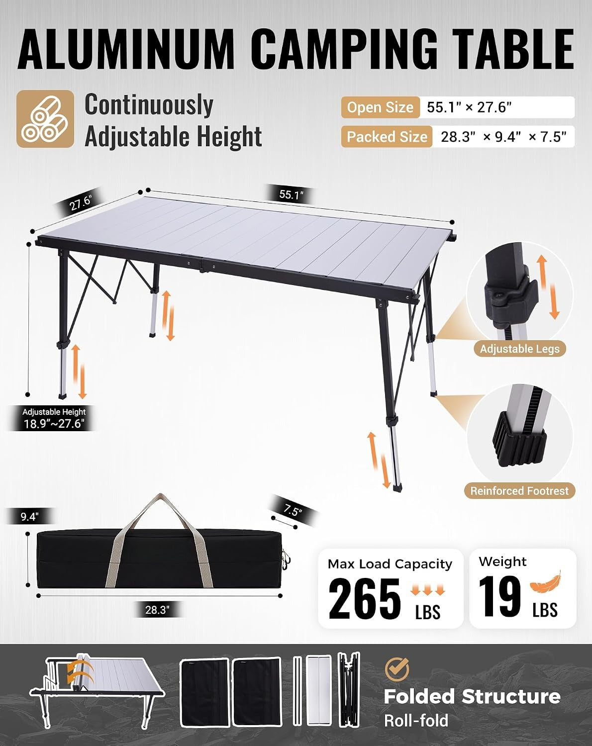 55.1" Adjustable Folding Camping Table, 265lbs