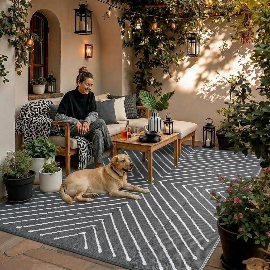 Grey&White Striped Outdoor Patio Rug