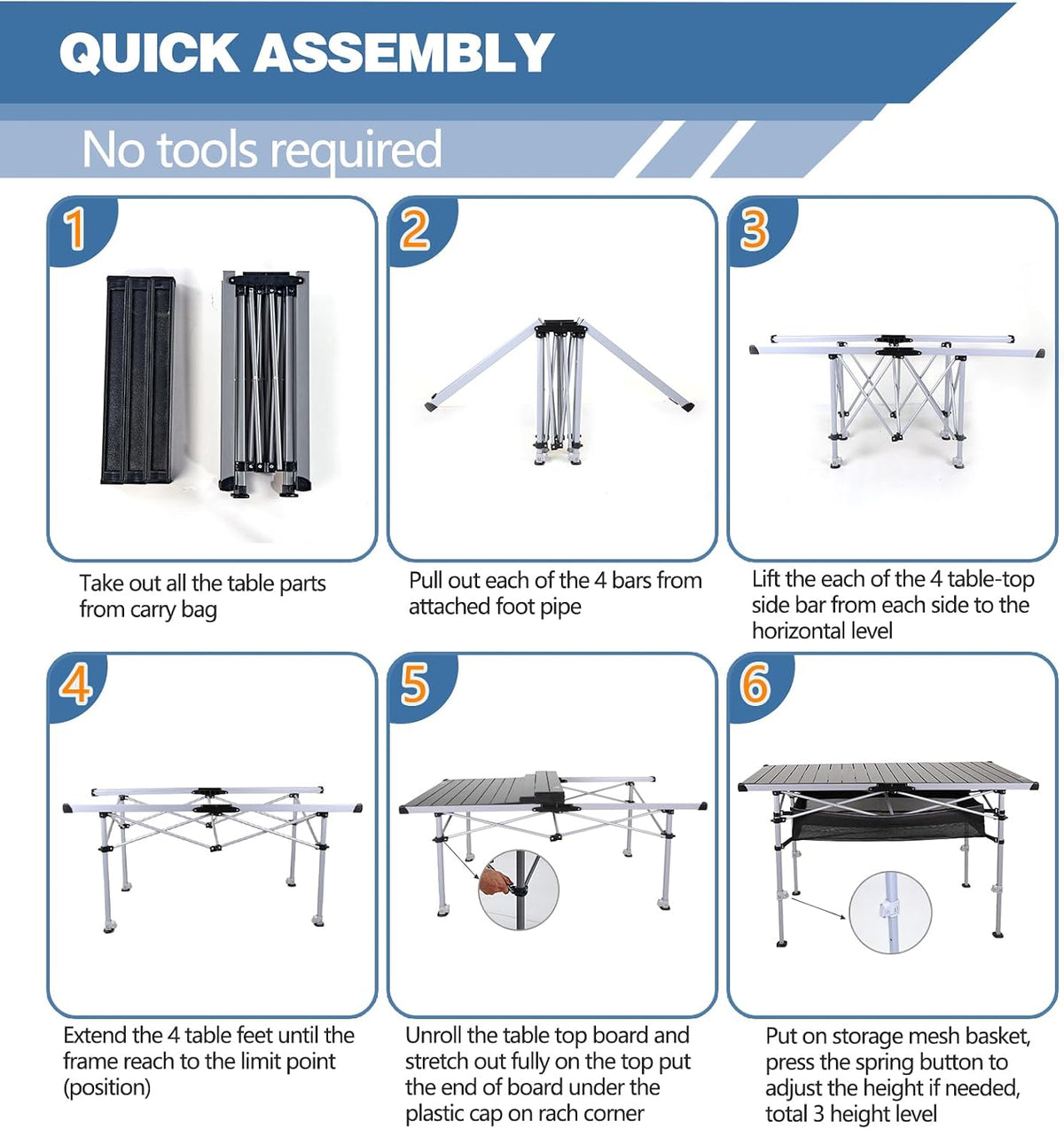 48.8" Adjustable Aluminum Roll‑Top Camping Table