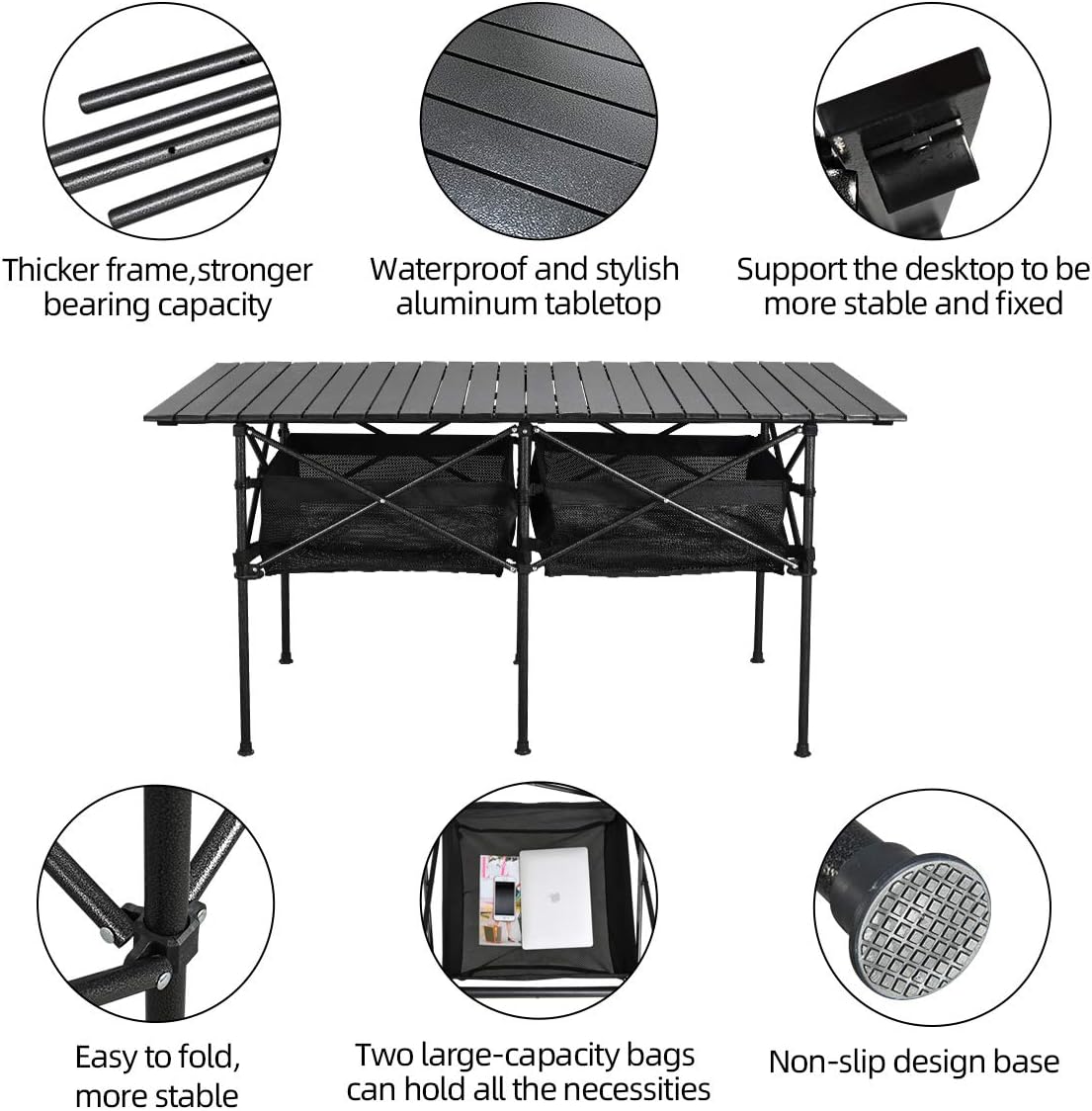 Large Aluminum Roll‑Up Folding Camping Table