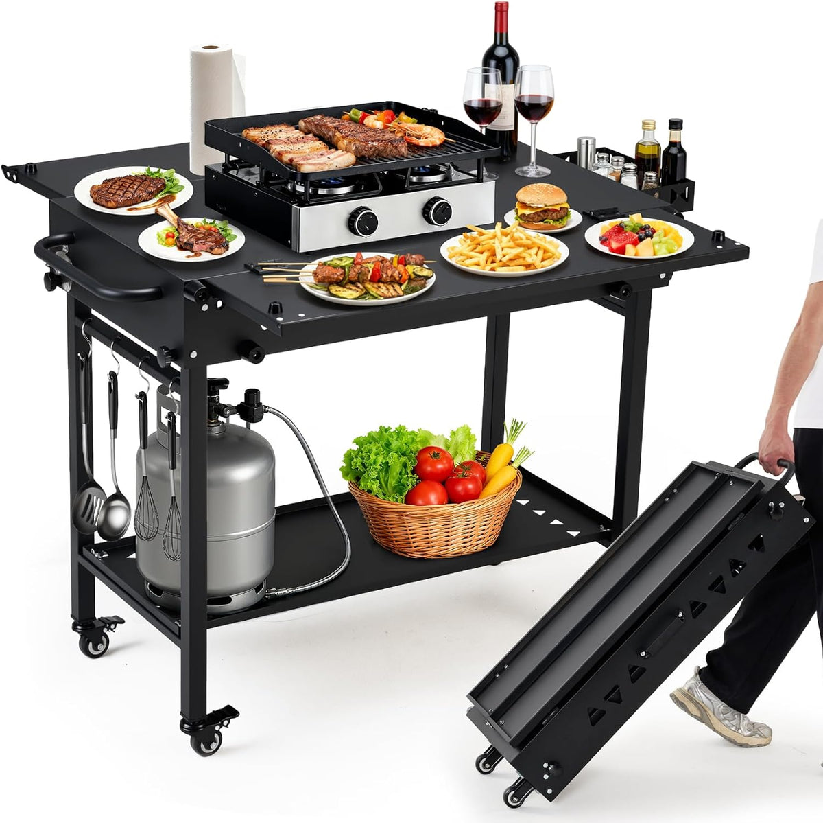 Folding Wheeled Outdoor Grill Cart Table