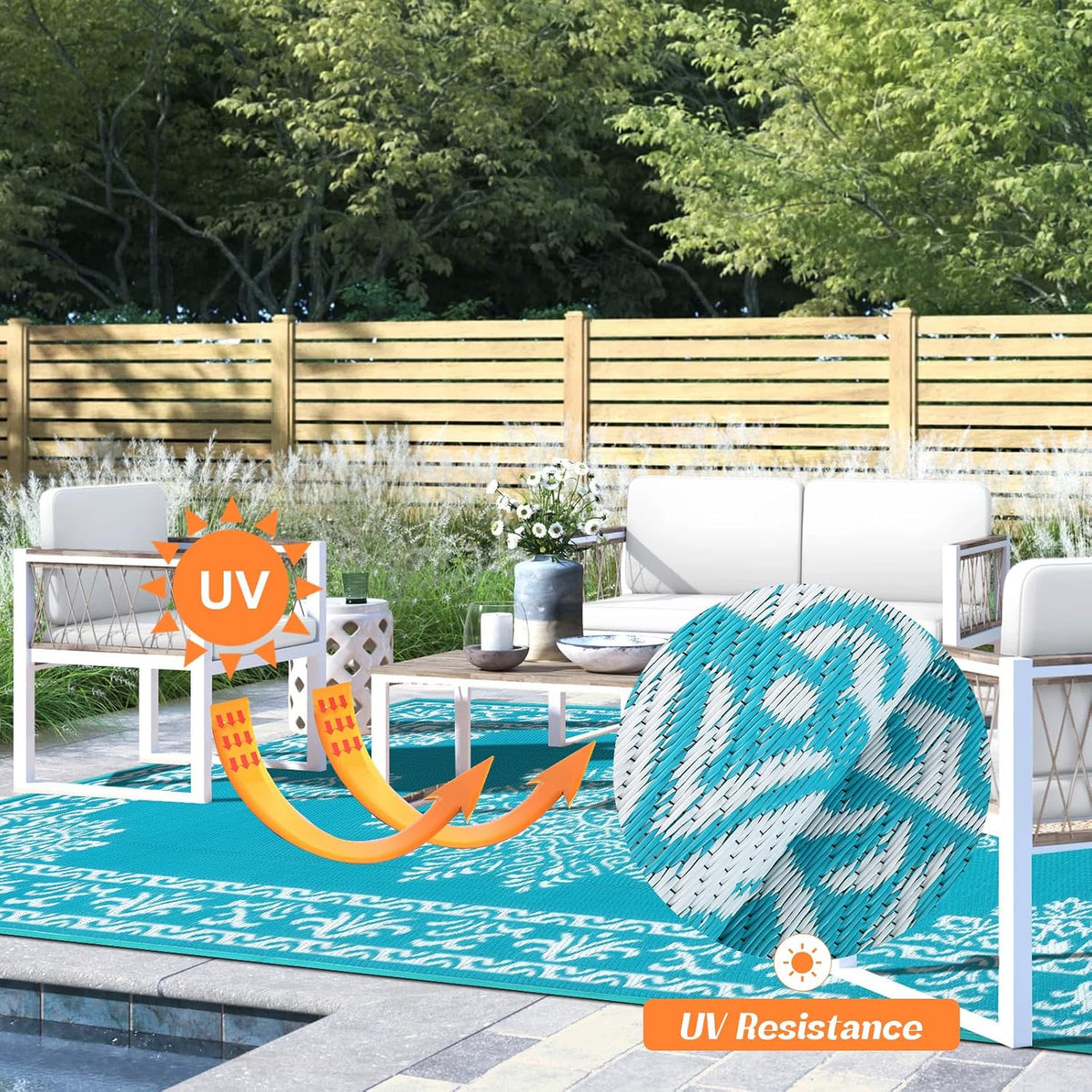 Teal Plastic Straw Outdoor Rug