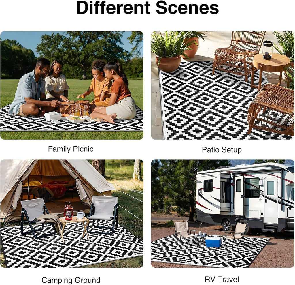 Black White Reversible Plastic Straw Outdoor Rug