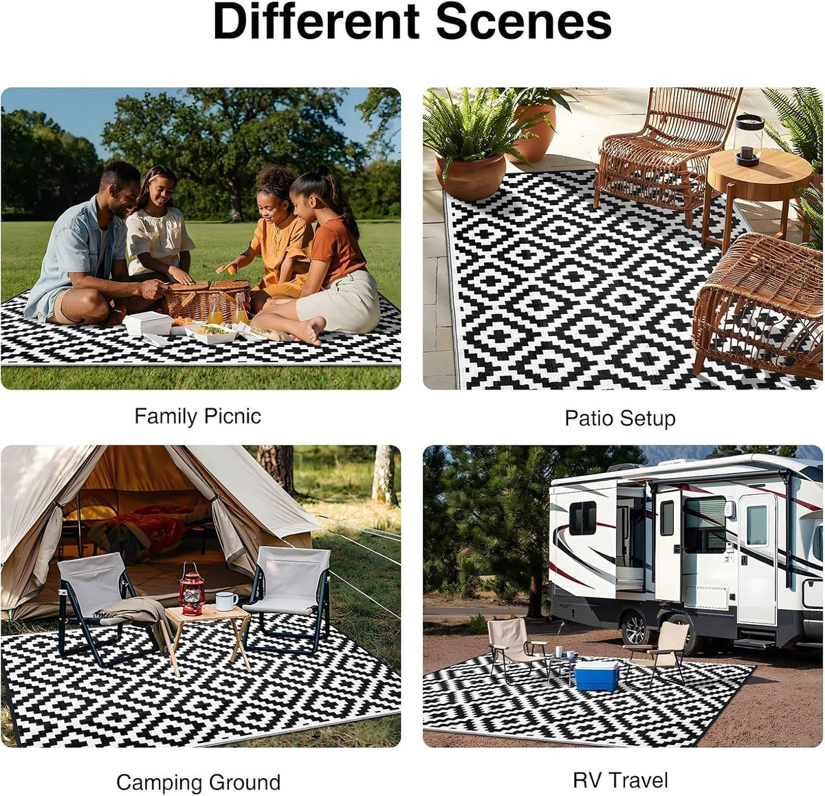 Black White Reversible Plastic Straw Outdoor Rug