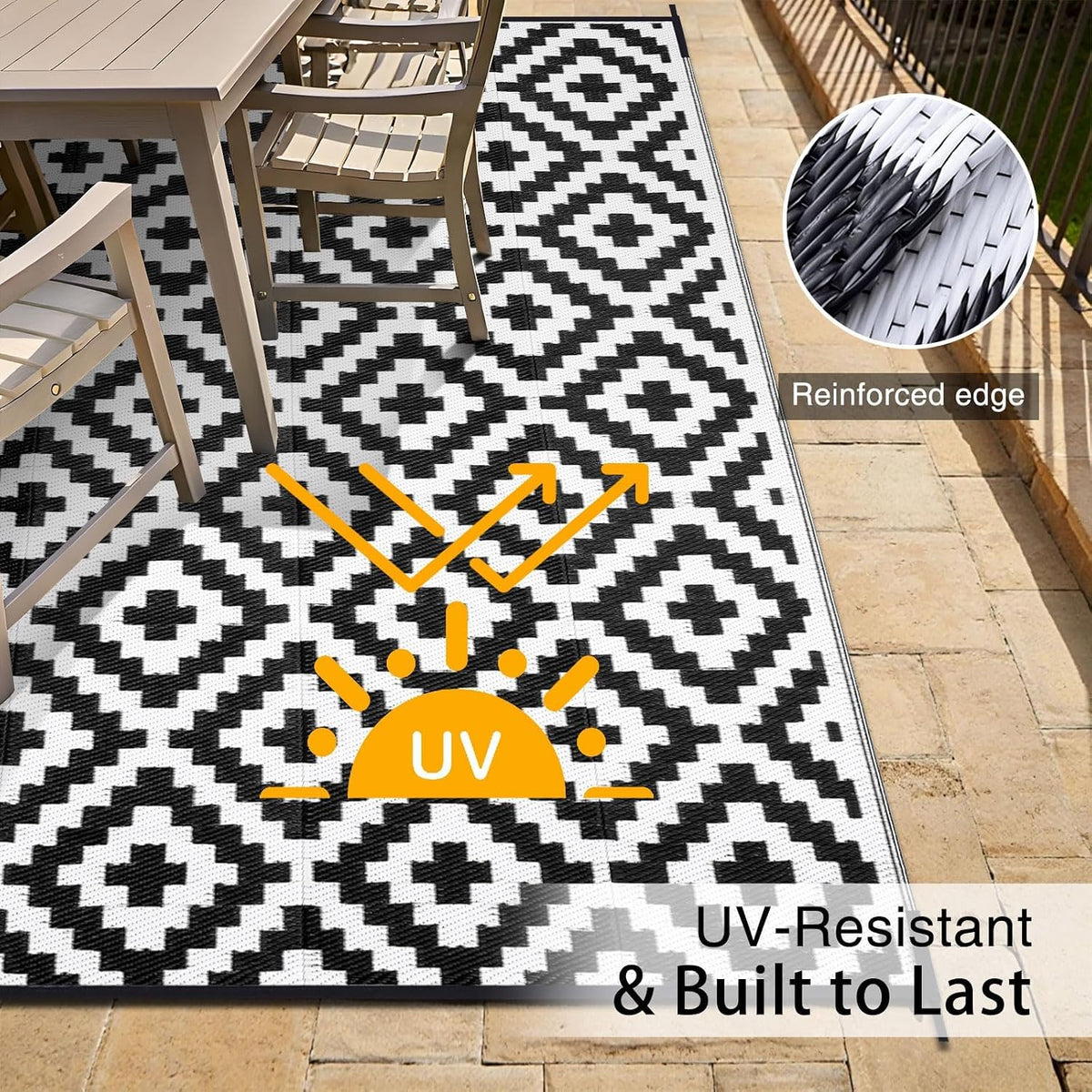Black White Reversible Plastic Straw Outdoor Rug