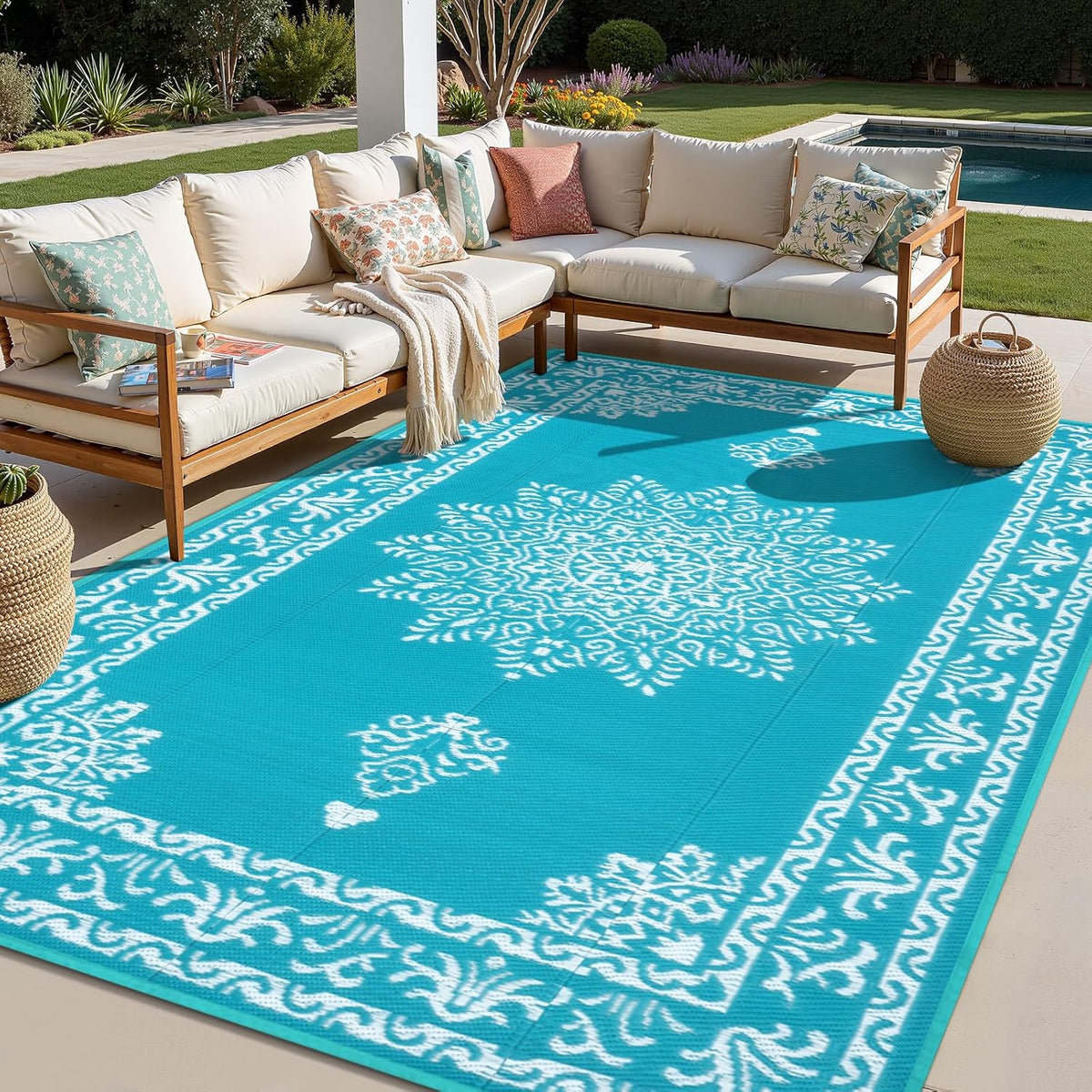 Teal Plastic Straw Outdoor Rug