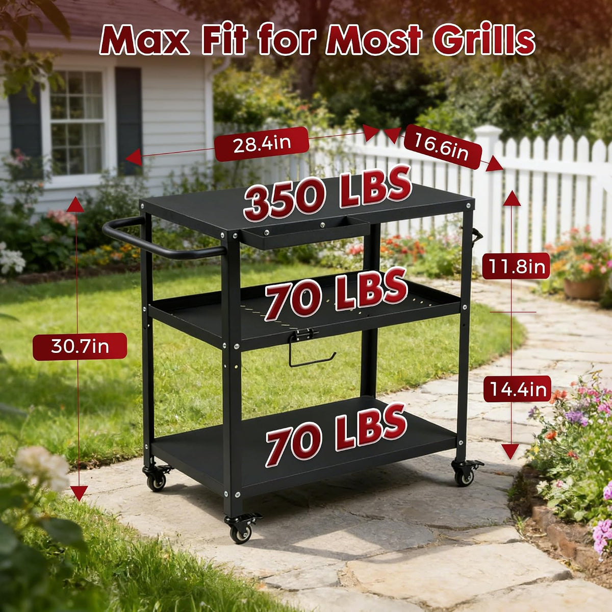 Cart Table With Lockable Casters Hooks Handle