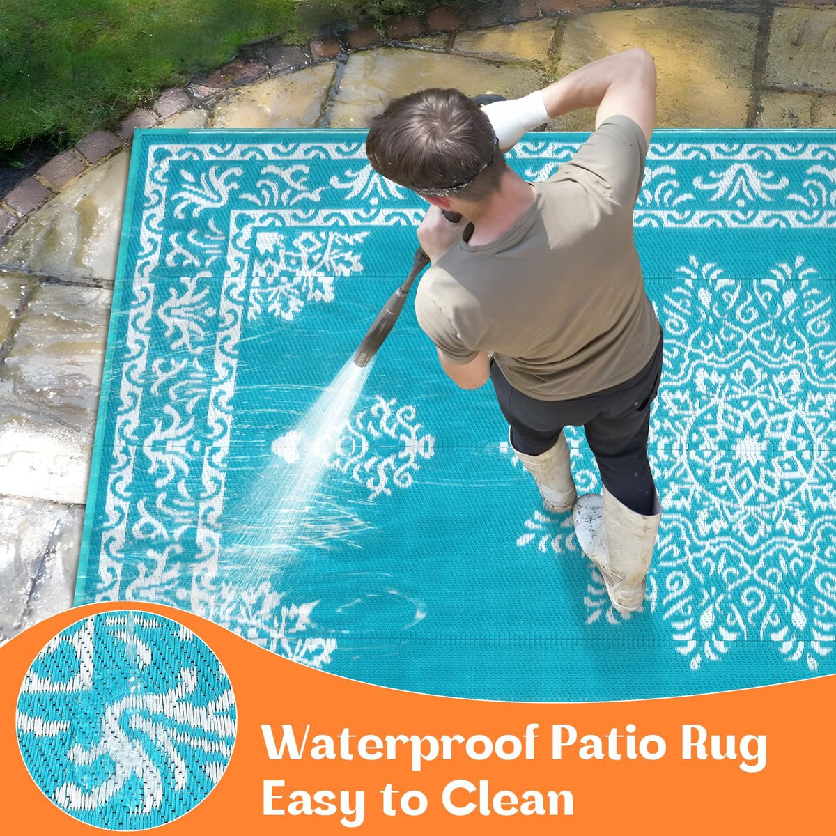 Teal Plastic Straw Outdoor Rug