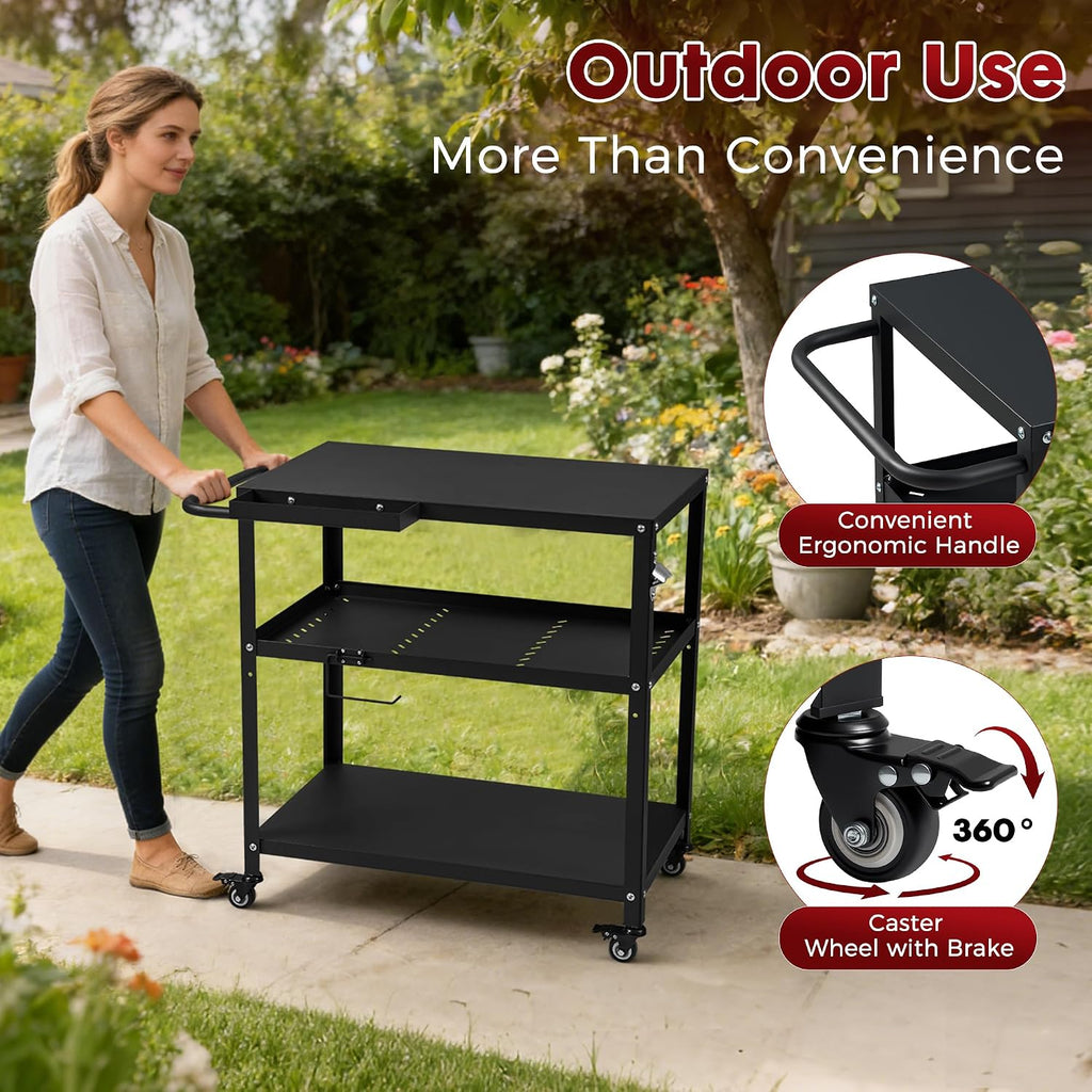 Cart Table With Lockable Casters Hooks Handle