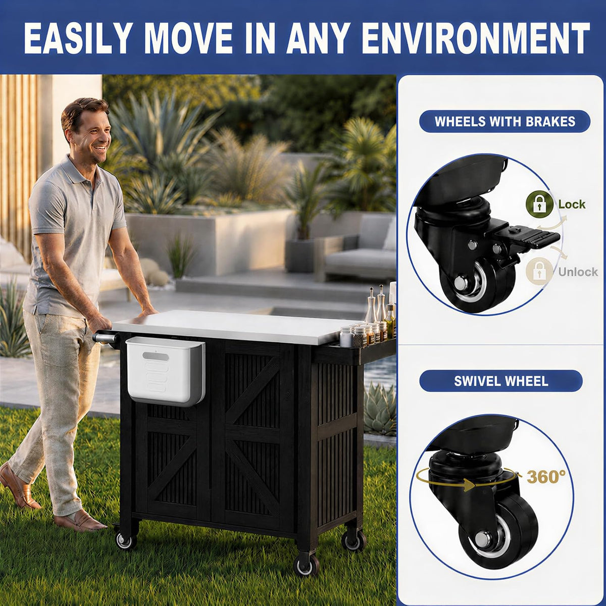 Black Stainless Steel Top Grill Cart With Storage Cabinet