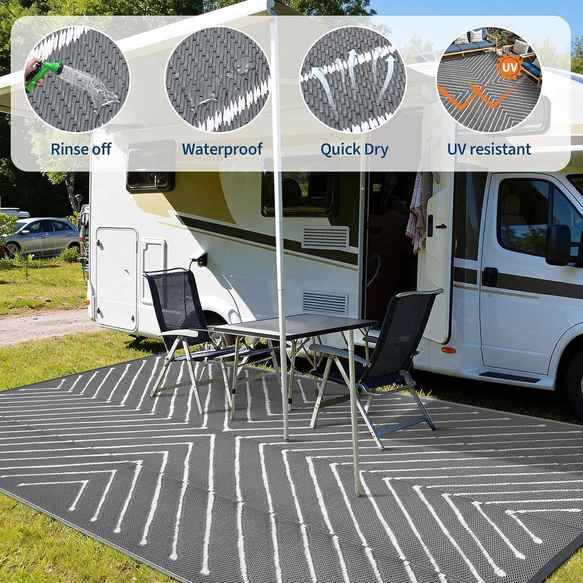 Grey&White Striped Outdoor Patio Rug