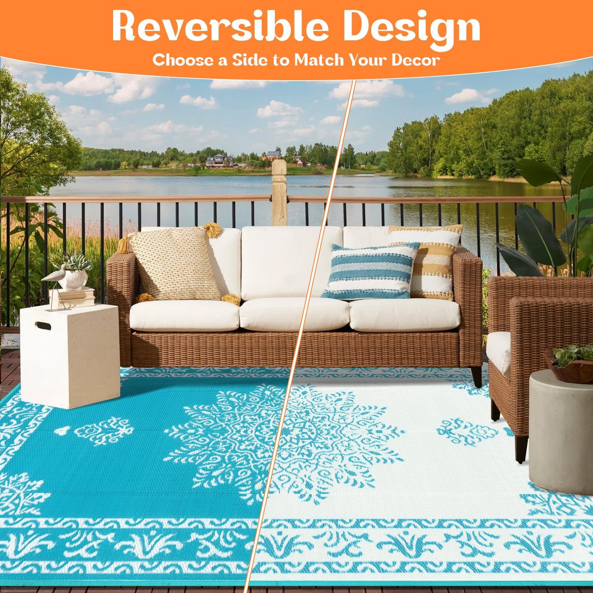 Teal Plastic Straw Outdoor Rug