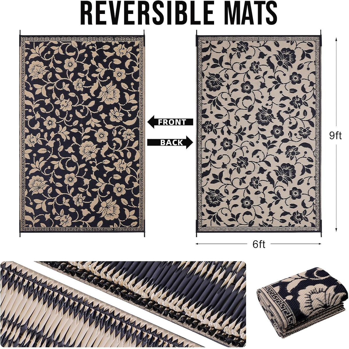 Black & Beige Reversible Floral Outdoor Rug