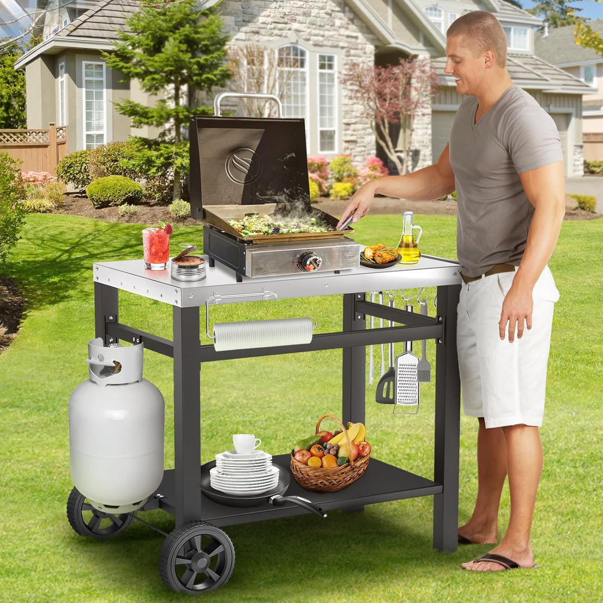Movable Wheeled Pizza Oven Grill Prep Cart