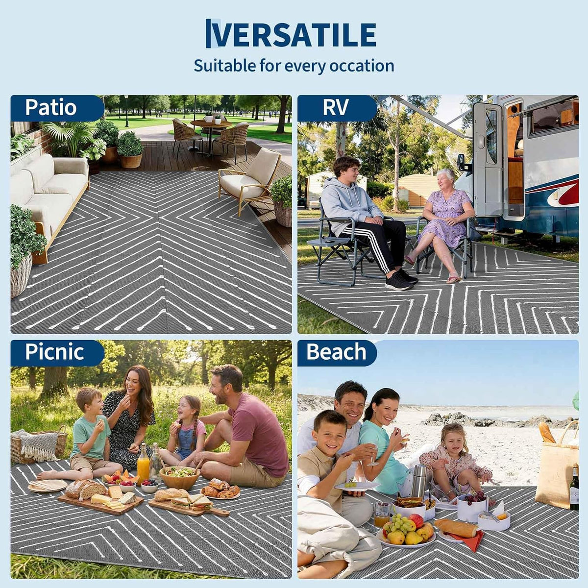 Grey&White Striped Outdoor Patio Rug