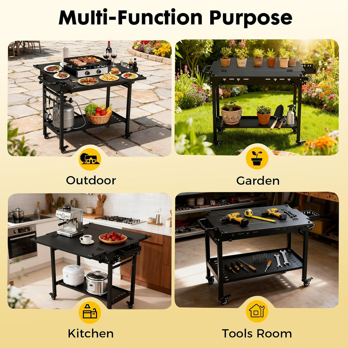 Folding Wheeled Outdoor Grill Cart Table