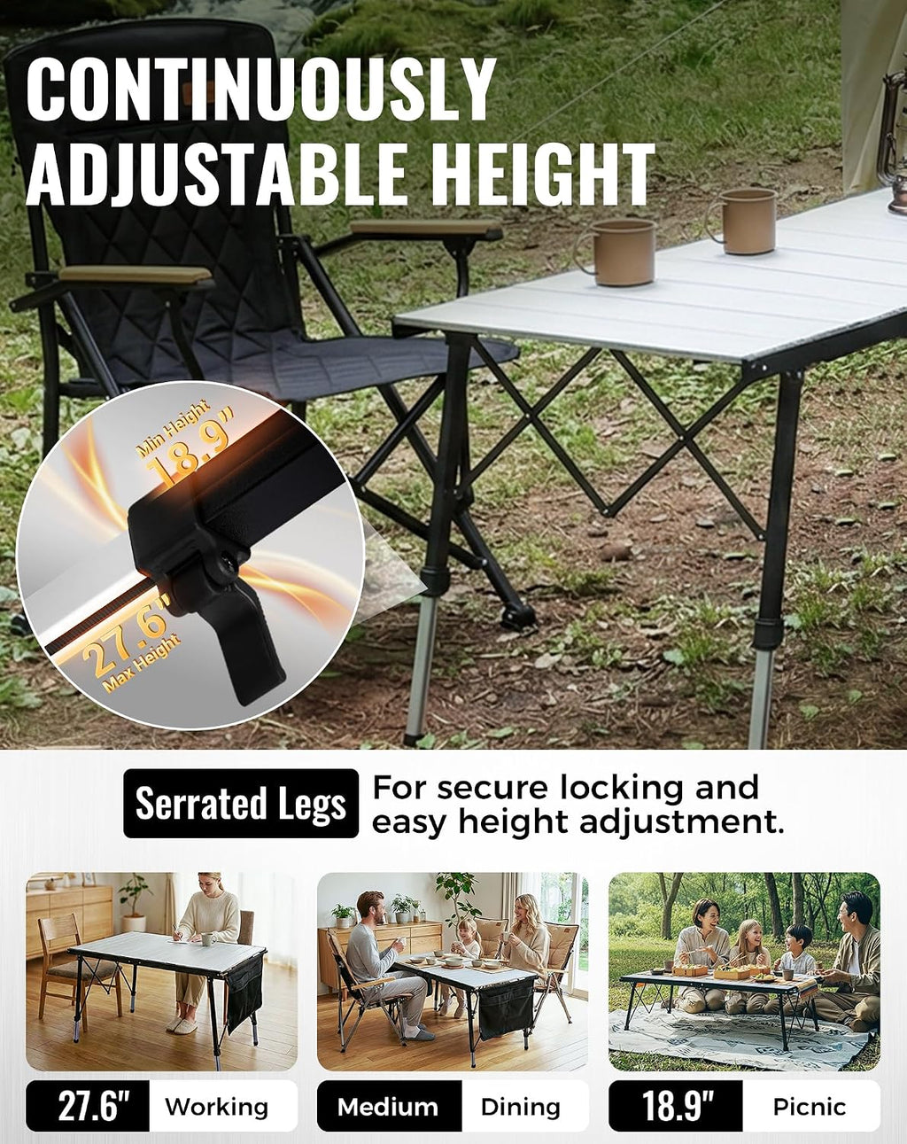 55.1" Adjustable Folding Camping Table, 265lbs