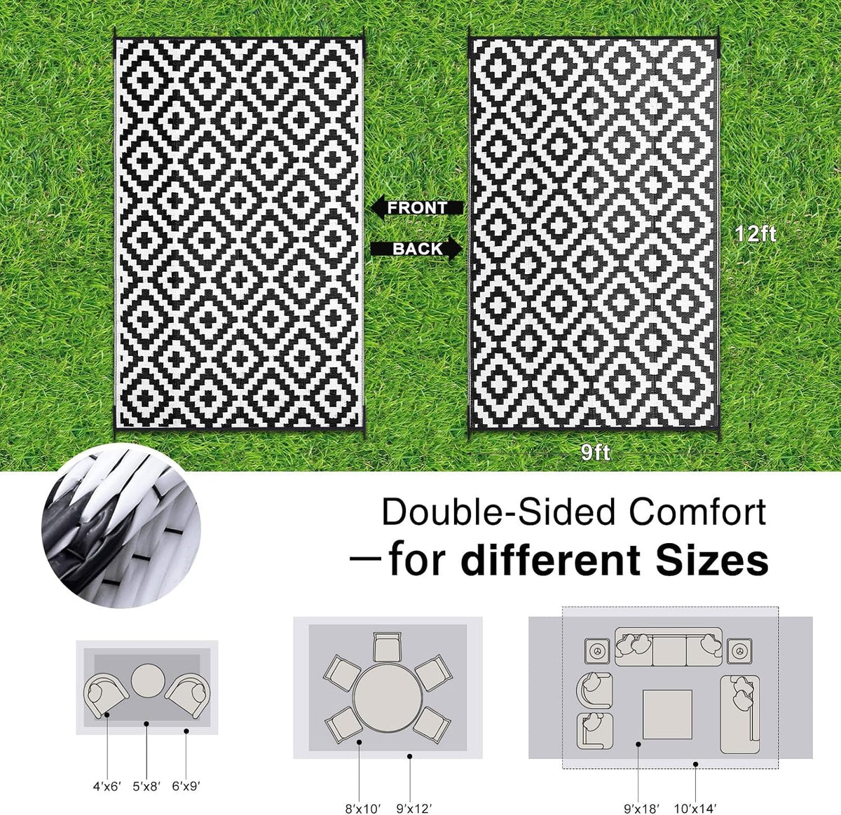 Black White Reversible Plastic Straw Outdoor Rug