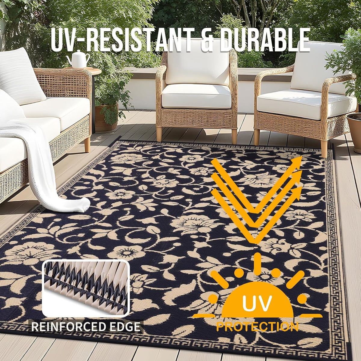 Black & Beige Reversible Floral Outdoor Rug