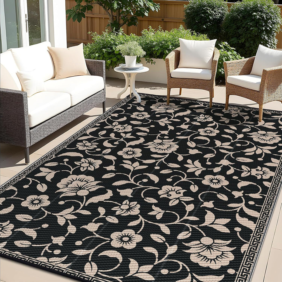 Black & Beige Reversible Floral Outdoor Rug