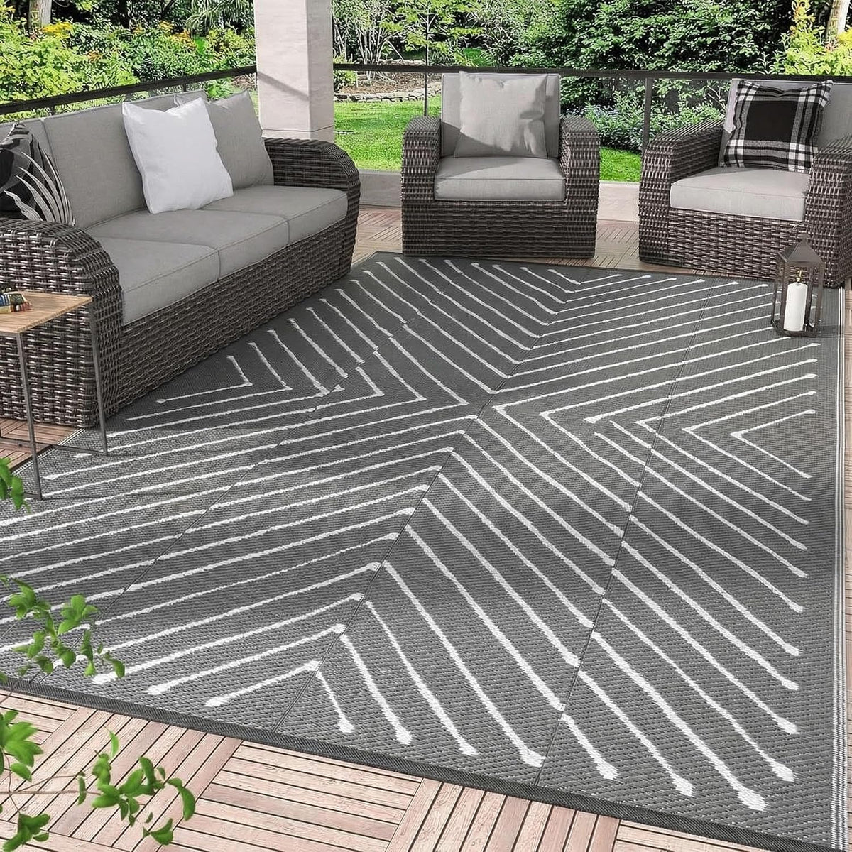 Grey&White Striped Outdoor Patio Rug