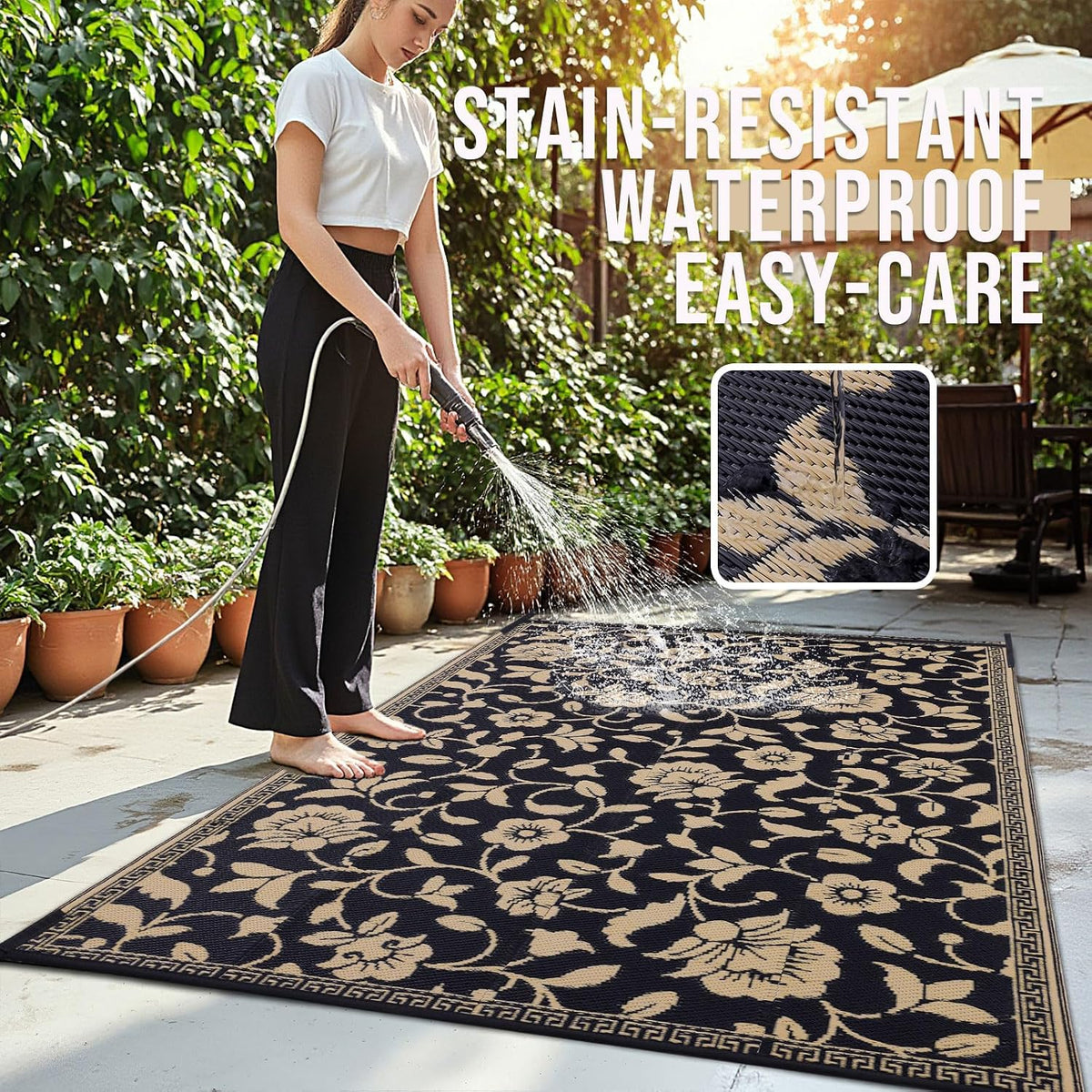 Black & Beige Reversible Floral Outdoor Rug
