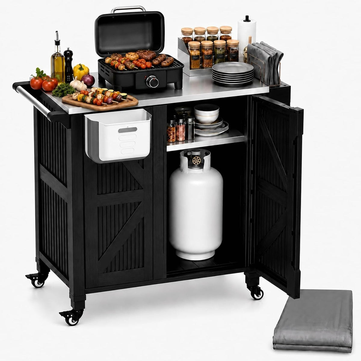 Black Stainless Steel Top Grill Cart With Storage Cabinet