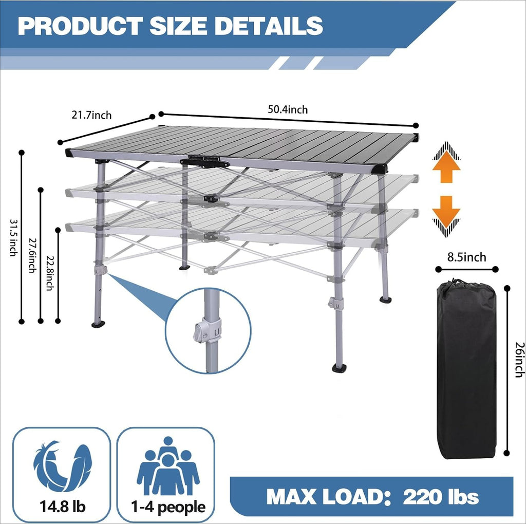 48.8" Adjustable Aluminum Roll‑Top Camping Table