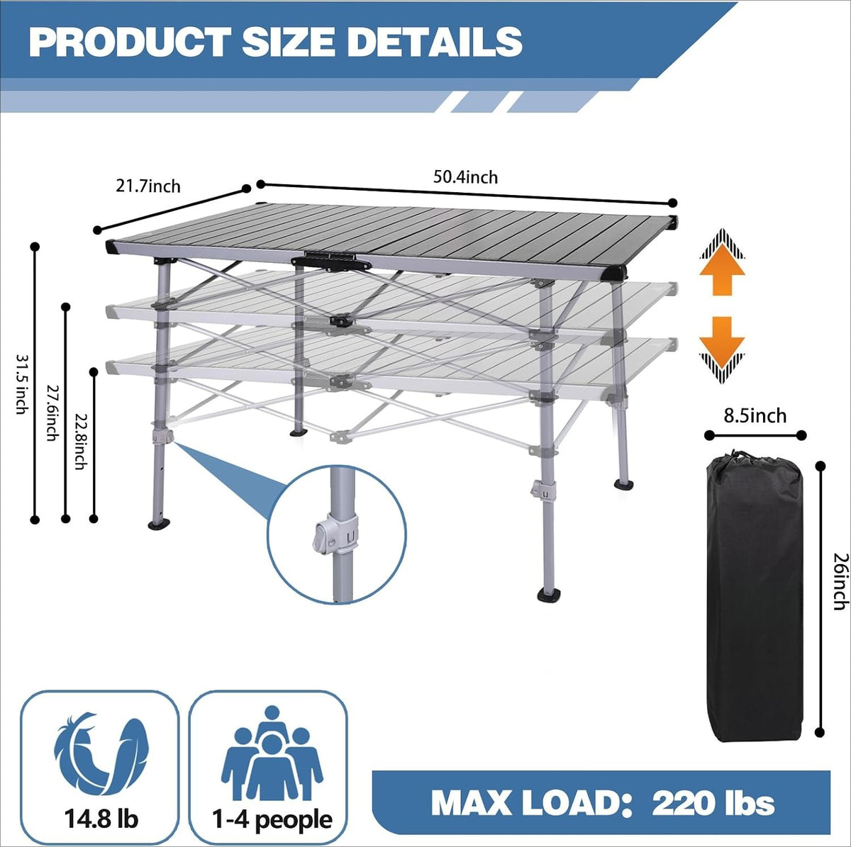 48.8" Adjustable Aluminum Roll‑Top Camping Table