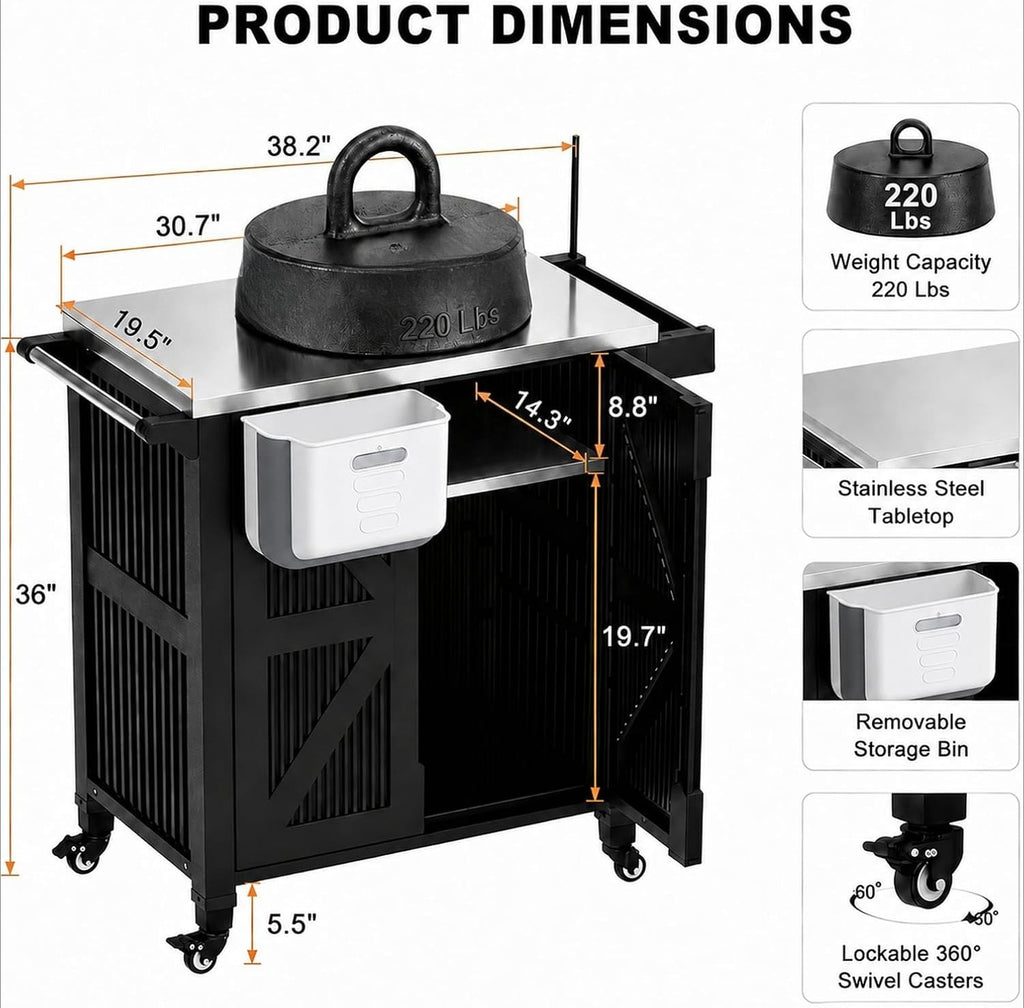 Black Stainless Steel Top Grill Cart With Storage Cabinet