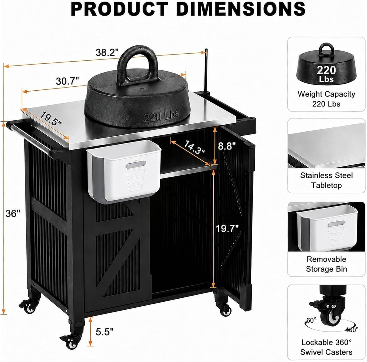 Black Stainless Steel Top Grill Cart With Storage Cabinet