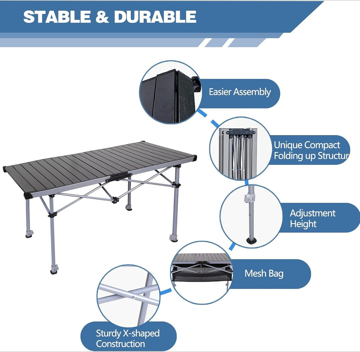 48.8" Adjustable Aluminum Roll‑Top Camping Table