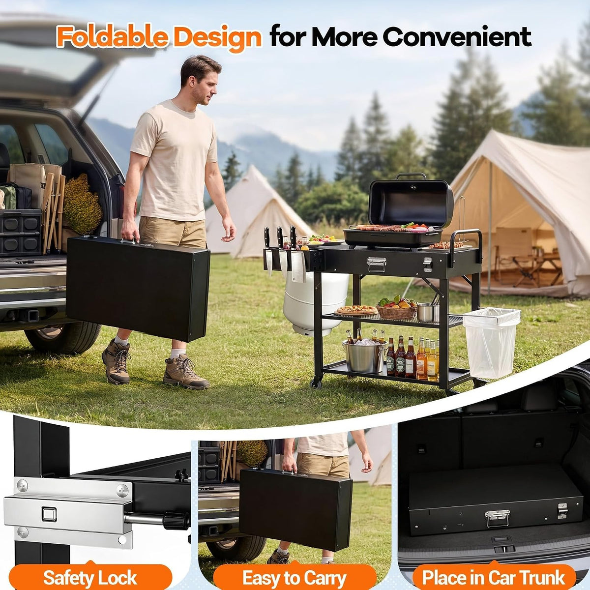 Foldable Outdoor Grill Cart Table